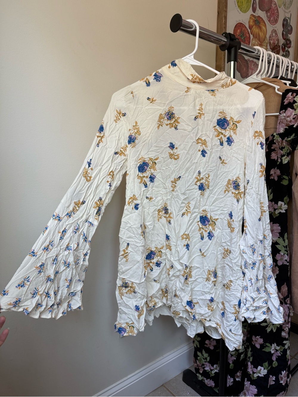 Free People Cream Floral Mock Neck Blouse with Blue and Gold Print